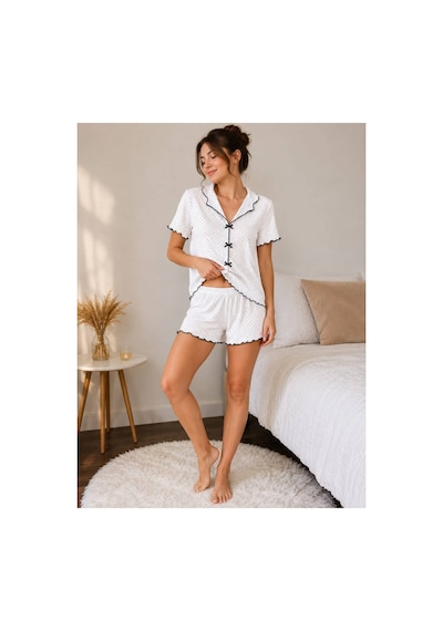 Pijamask Kadın Beyaz Puantiyeli Gömlek Yaka Kısa Kollu Şortlu Pijama Takımı Siyah Biyeli Yazlık Ev Giyim Uyku Takımı Beyaz
