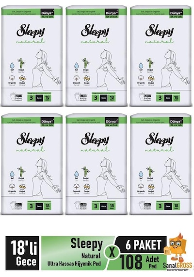 Sleepy Natural Ultra Hassas Hijyenik Ped 18'li Gece X 6 Paket