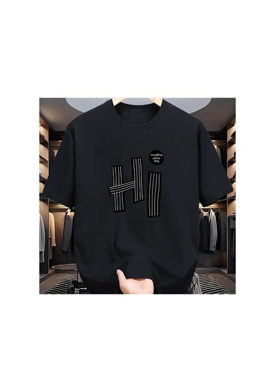 Caddemia Yaz  Rahat Gevşek Kesim Artı Boyutu Merhaba Mektup Desen Baskılı Yuvarl Siyah 2XL