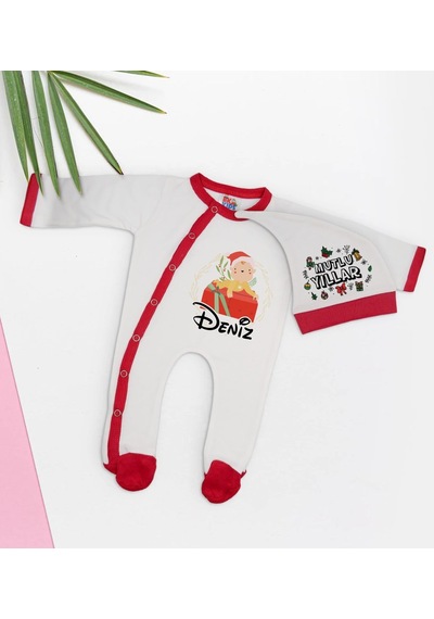 Bk Kids Bk Gift Kişiye Özel Yılbaşı Temalı Tulum Zıbın Kukuletalı Şapka Ve Bebek Yastık Hediye Seti-3 Çok Renkli