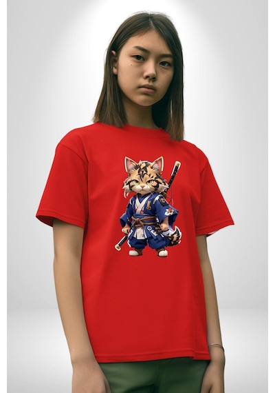 Asyalı Kedi Samuray Savaşcı Pamuklu Bisiklet Yaka Unisex Oversize Boyfriend Dijital Baskılı Kırmızı T-shirt Kırmızı