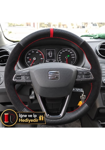Seat Ibiza Mk5 Dikme Direksiyon Kılıfı Alcantara Süet Mat Karbon Kırmızı Yüzük Ve Dikiş 2015-2017 Siyah