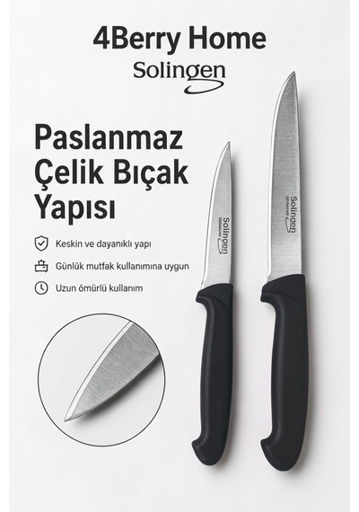 Solingen 2 Li Paslanmaz Çelik Mutfak Bıçağı Seti Et, Meyve Ve Sebze Bıçağı Siyah