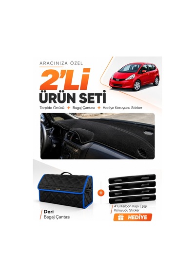 E-biz Honda Jazz 2009-2013 Uyumlu Torpido Örtüsü + Deri Bagaj Çantası Seti - Siyah-mavi - Ho017