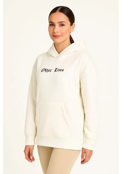 Valensdesign Kapşonlu Sweatshirt Oversize Üç İplik Şardonlu Hoodie, Other Lives Ön - Arka Baskılı, Kanguru Ce Beyaz
