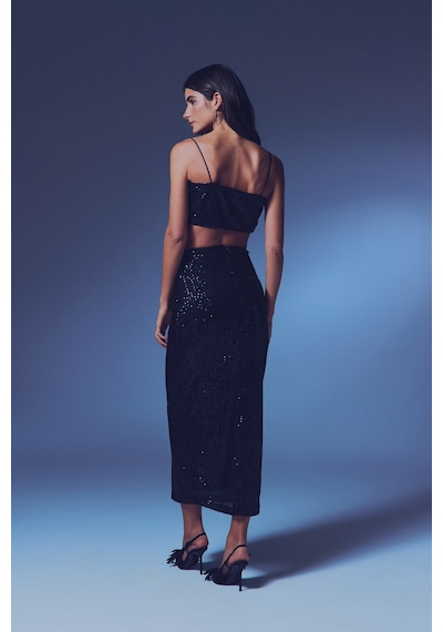 Sateen Askılı Payetli Crop Bluz - Siyah-135405 Siyah