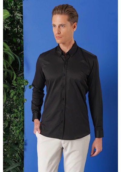Efor Slim Fit Düğmeli Yaka Pamuklu Klasik Siyah Gömlek Gk 714 Siyah