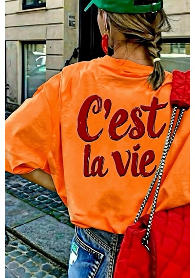 C'est La Vie Yazılı Oversize Kadın T-shirt Turuncu