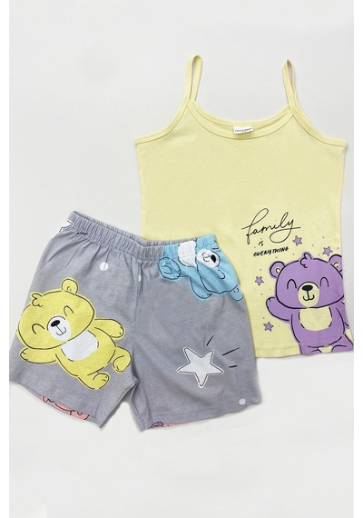 Kız Çocuk Şortlu Pijama Takımı Askılı Ayıcık Baskılı A13 Pembe