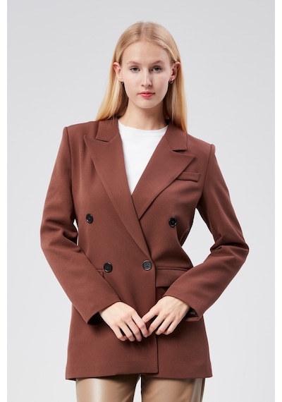 Kahverengi Regular Astarlı Kruvaze Kapama Dokuma Oversize Blazer Ceket 001