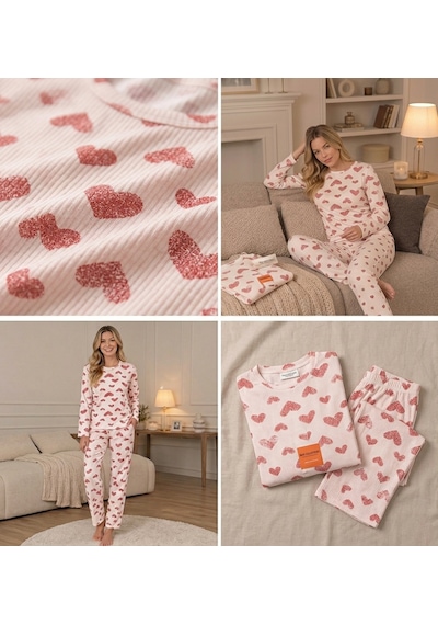 Lila İç Giyim Lila Kadın Pamuklu Kalp Desenli Uzun Kollu Pijama Takımı - Rahat Kalıp Kalp Desenli Kalpli Ekru Lila İç Giyim Lila Kadın Pamuklu Kalp Desenli Uzun Kollu Pijama Takımı - Rahat Kalıp Kalp Desenli Kalpli Ekru