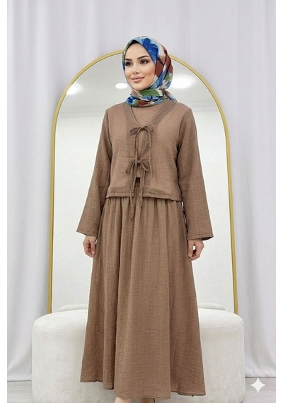 Lovie Moda Müslin Dokulu Bağlamalı Etekli Takım Kahverengi
