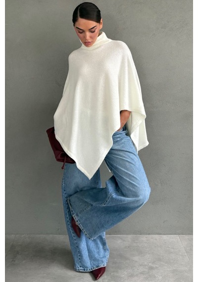 Madmext Ekru Boğazlı Asimetrik Kesim Kadın Panço Mg2901