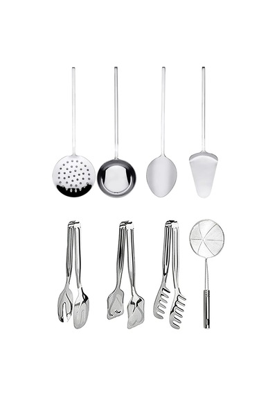 8 Parça Paslanmaz Çelik Mutfak Seti Kevgir, Kepçe, Spatula, Maşa, Makarna Kaşığı Servis Seti Gri