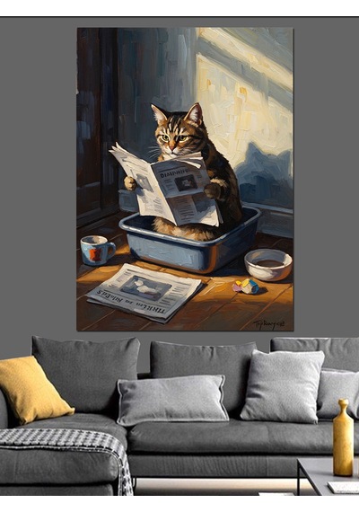 Tuvalette Gazete Okuyan Kedi Tablo Dekoratif Kanvas - Mdf Ahşap Tablo
