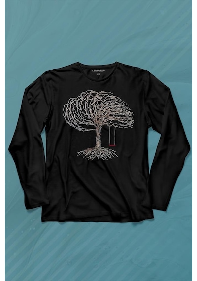 Hayat Ağacındaki Kırmızı Salıncak Kuru Ağaç Uzun Kollu Tişört Baskılı T-shirt 001