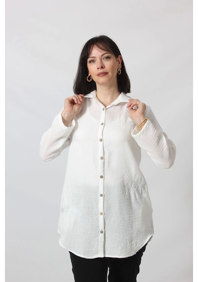 Moda Berray Bb-092 Beyaz Gümüş Yaldızlı Güneş Desenli Kolu Apoletli Yandan Cepli Tunik Gömlek Kadın Büyük Beden Beyaz
