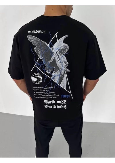 Modi Unisex Bisiklet Yaka Baskılı Oversize T-shirt - Siyah - Mymg106742