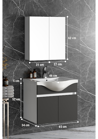 Yıldız 65 Cm Beyaz-antrasit Gri Mdf Asma Banyo Dolabı Takımı Beyaz - Antrasit