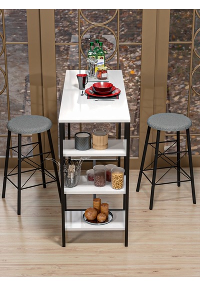 Retodesign Beyaz Raflı Yuvarlak Tabureli Bar Takımı 4651a Siyah