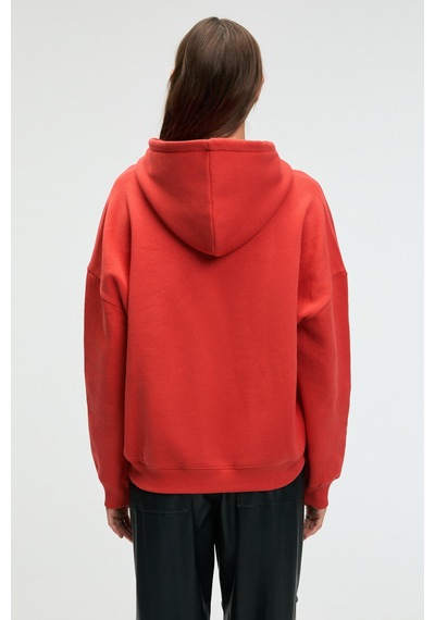 ETHIQUET C ARIE Kadın Organik Pamuklu Oversize Kanguru Cepli Kapüşonlu Kırmızı Sweatshirt