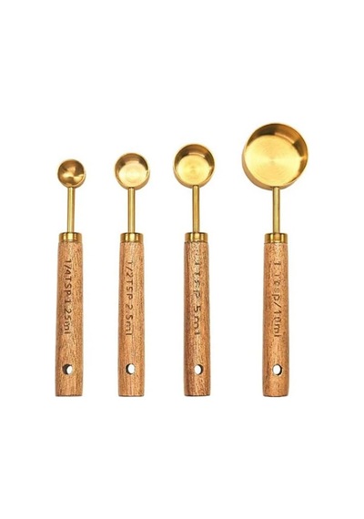 4 Parça Bambu Saplı Ölçü Kaşığı Seti, Gold Renk, Paslanmaz Çelik