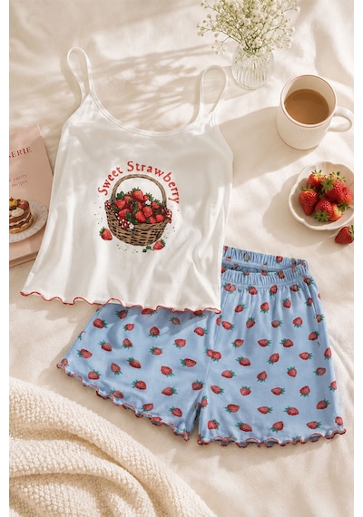 Koza İç Giyim Kadın İnce Askılı Desenli Pamuklu Şortlu Pijama Takımı Kk30231 Kırmızı - Beyaz
