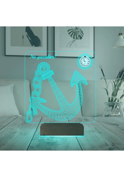 Luvivia Denizci Çapa Kaptan Kişiye Özel Metal Saatli 3d Lamba - Masa Gece Lambası Şeffaf