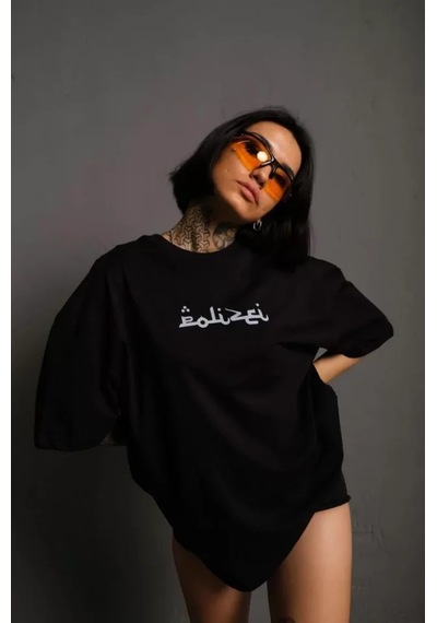 Bisiklet Yakalı Sırt Baskılı Oversize T-shirt - Siyah Siyah