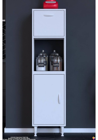 Rona 40 Cm Tek Kapaklı Mutfak Kiler Dolabı Raflı Çok Amaçlı Dolap Banyo Dolabı 40x150x32 Cm Beyaz