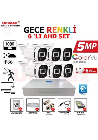 Unımax 5mp Sony Lens 6 Kameralı Güvenlik Seti 100m Kablo 30m Gece Görüş Xmeye