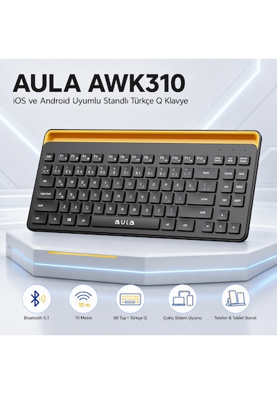 Aula AWK310 Bluetooth 5.1 Kablosuz Telefon Tablet Standlı TKL Türkçe Q Klavye