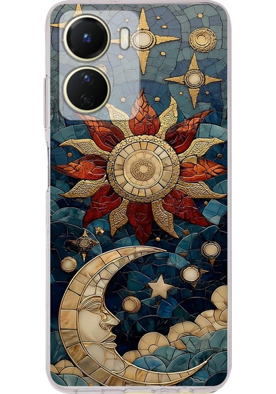 Printify Vivo Y16 İle Uyumlu Vitray Sol Ve Luna Tasarımlı Şeffaf Silikon Kılıf Şeffaf