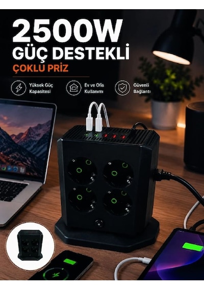 Çoklu Priz 8 Çıkışlı 4 Usb 2 Type-c Anahtarlı Dikey Priz Kulesi Çok renkli