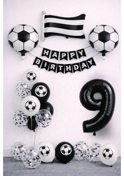 Siyah Beyaz Futbol Temalı 9 Yaş Doğum Günü Balon Seti Beyaz - Siyah