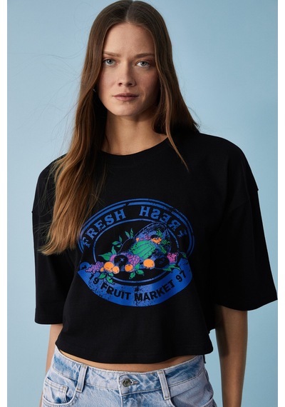 Ethıquet Ahrı Kadın Relaxed Fit Bisiklet Yaka Baskılı Siyah T-shirt