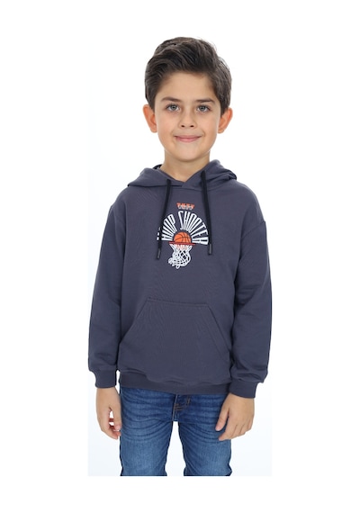 Toontoy Kids Erkek Çocuk Relax Fit Kapüşonlu Cepli Hafif Düşük Omuz Baskılı Sweatshirt Füme