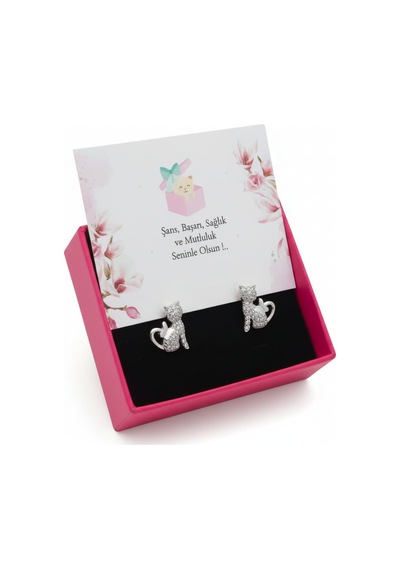 Vaveni Özel Kutulu Zirkon Taşlı Çelik Kedi Figür Küpe Gümüş Renk Arz