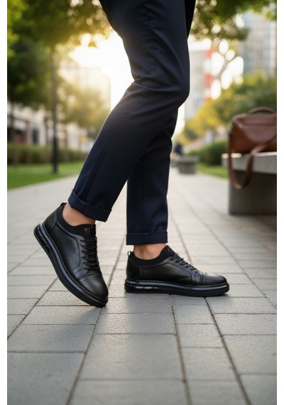 Enoch Hakiki Deri Lazer Kesim Lastikli Günlük Erkek Sneaker Comfort Taban Siyah