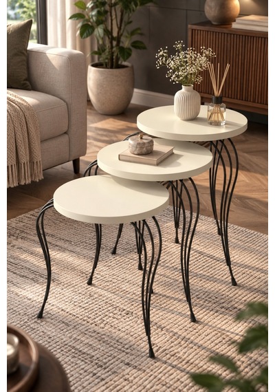Sulorahome Lükens Metal Ayaklı 3'lü Zigon Sehpa Takımı Krem Bej
