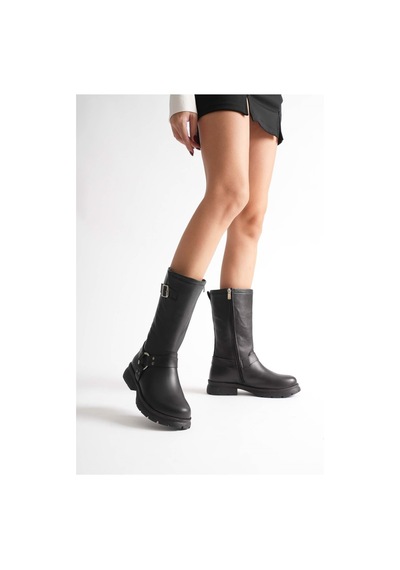 Analin Shoes Kadın Hakiki Deri Aksesuar Detaylı Binici Çizme Siyah