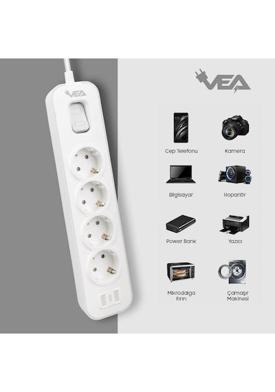 Vea Ve-nova104 A Class Gri Akım Korumalı Grup Priz 4'lü 1.5 Metre Anahtarlı Made İn Malaysia 1,5 m