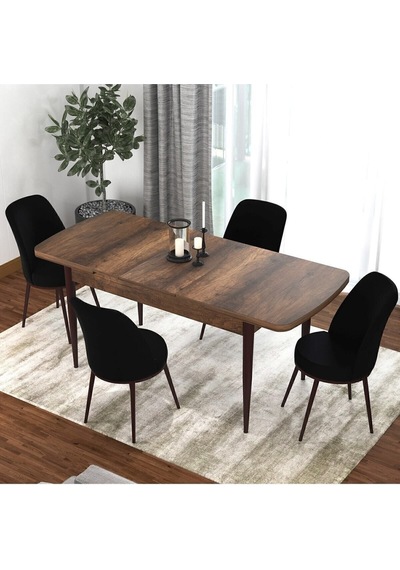 Canisa Concept Kor Serisi 70x114 Açılabilir Mutfak Masası Takımı Barok Desen Masa 4 Siyah Sandalye Masa Barok Sandalyeler Siyah