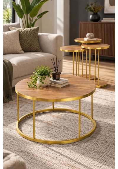 Sulorahome 4'lü Yuvarlak Sehpa Seti Ceviz Ve Gold Metal Ayaklı