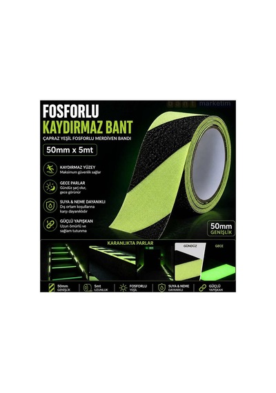Fosforlu Kaydırmaz Bant 50mm X 5mt Çapraz Yeşil Fosforlu Merdiven Ve Zemin Bandı Bant Marketim