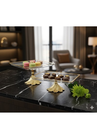 Çnr Home Collection 2 Parça Gold Semazen Metal Ayakli Pasta Sunumluk Kurabiyelik Seti Altin