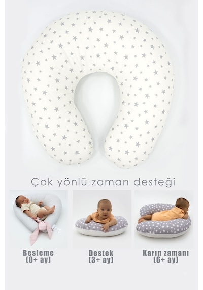 Emzirme Yastığı, Bebek Destek Minderi, Hamile Yastığı Pamuklu Kumaş, Küçük Yıldız Serisi, Gri