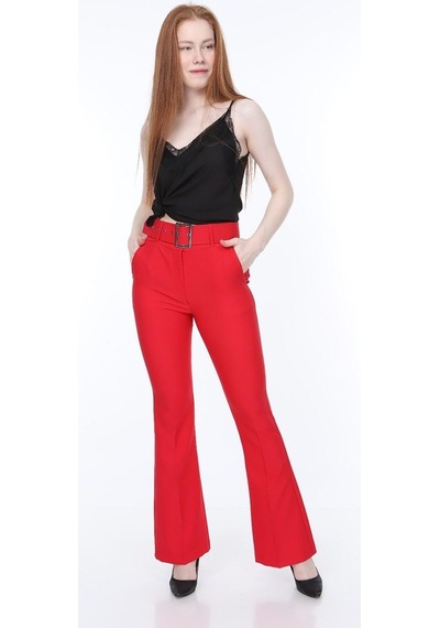 Bluence Beli Kemerli Ispanyol Paça Kırmızı Kumaş Pantolon Kırmızı