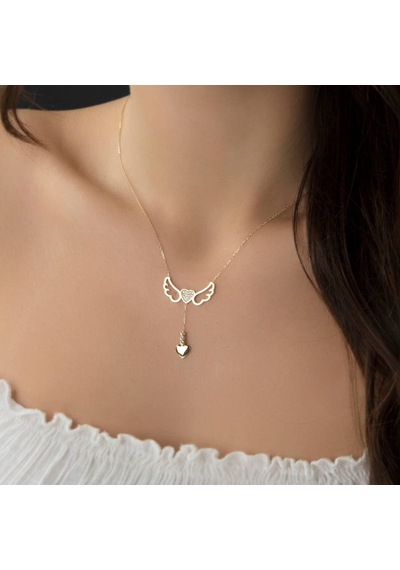 Melek Kanad Altın Kolye Kalpli 14K Gold