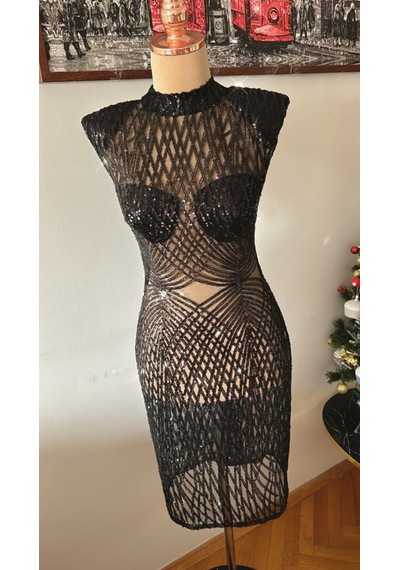 Chica Rosa Fashion Siyah Pullu Vatkalı Chica Elbise Siyah